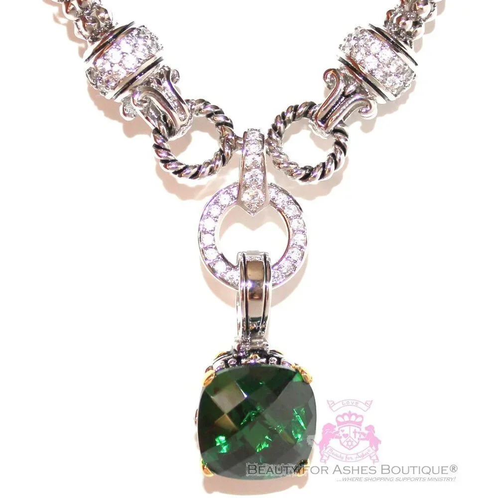 Multi Faceted Throne Room Emerald Green Checker Cushion Cut Two Tone CZ Pendant